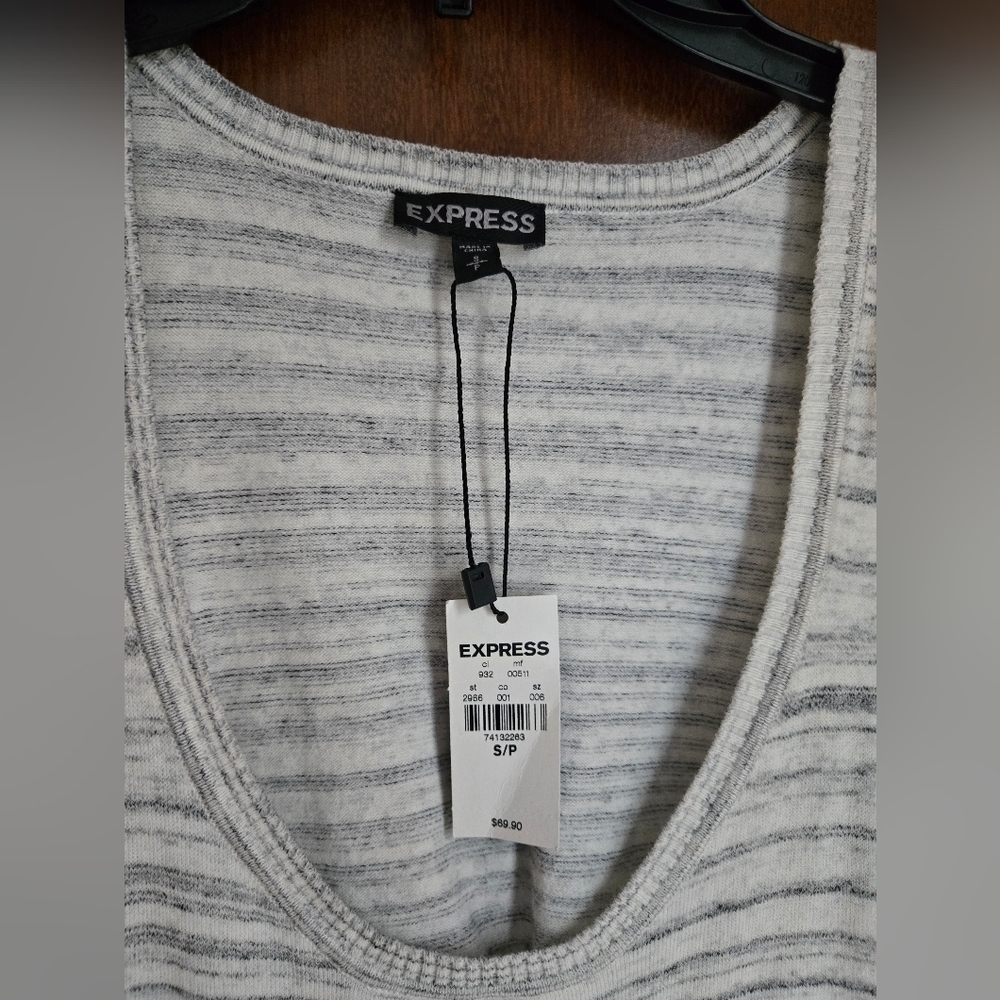 Express Body Con Open Back Grey And Off White Striped Long Dress - Picture 3 of 5